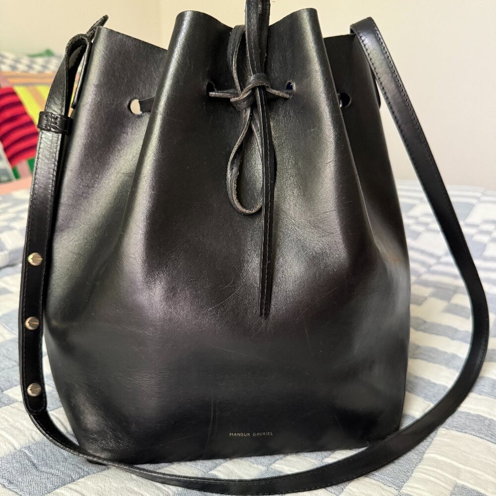 Mansur Gavriel, Large, Black Bucket Bag with Cobalt Interior